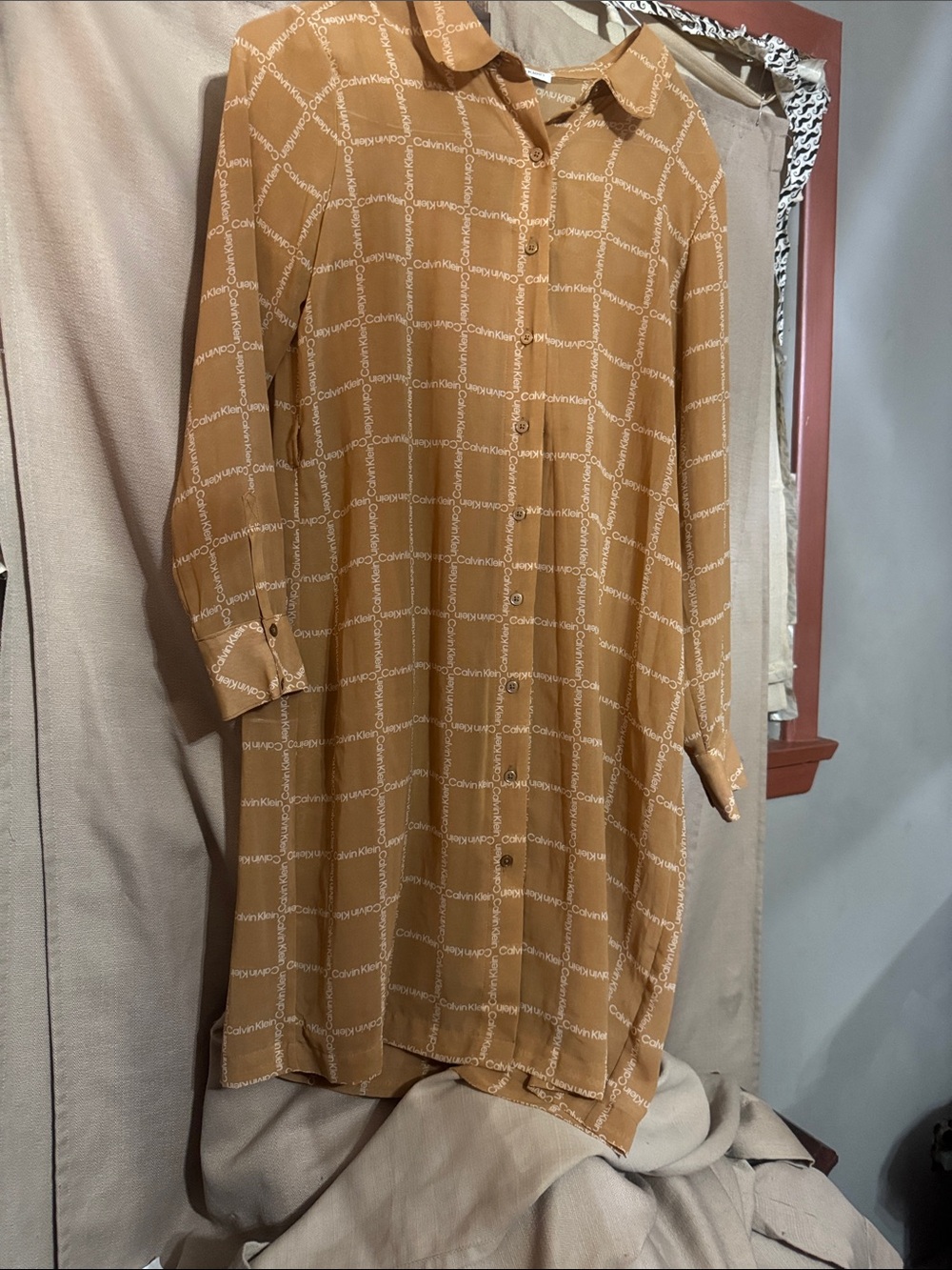 Calvin Klein Tan Grid-Logo Button-Down Shirt Dress S-19-14